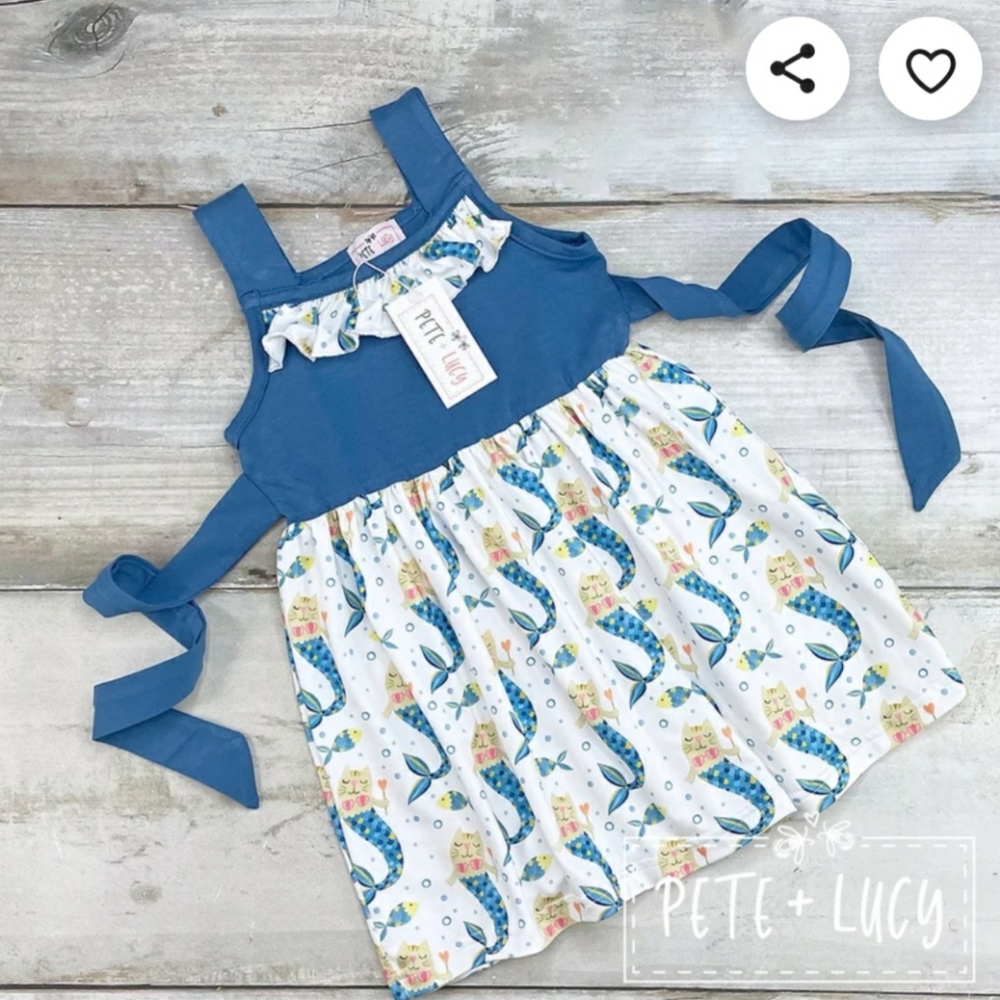 Blue white Mercats dress. Little girls clothes Pete and Lucy. Soft limited print